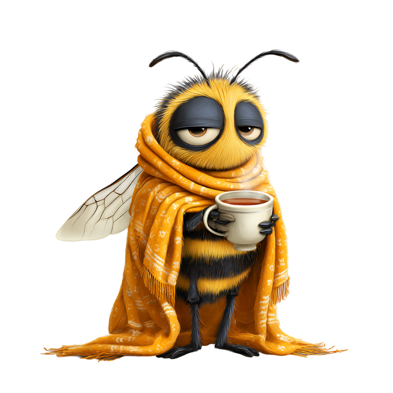Illustration of a weary bee wrapped in an orange blanket holding a mug, for the article on the impossible task of writing