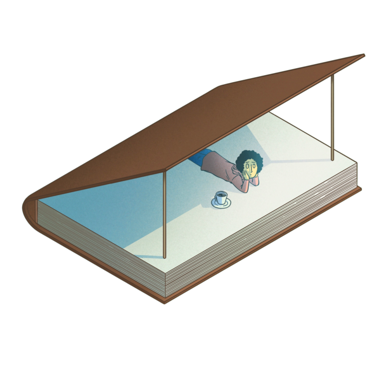 Illustration of a tiny figure inside an open book, for the article on reading a novel without curiosity
