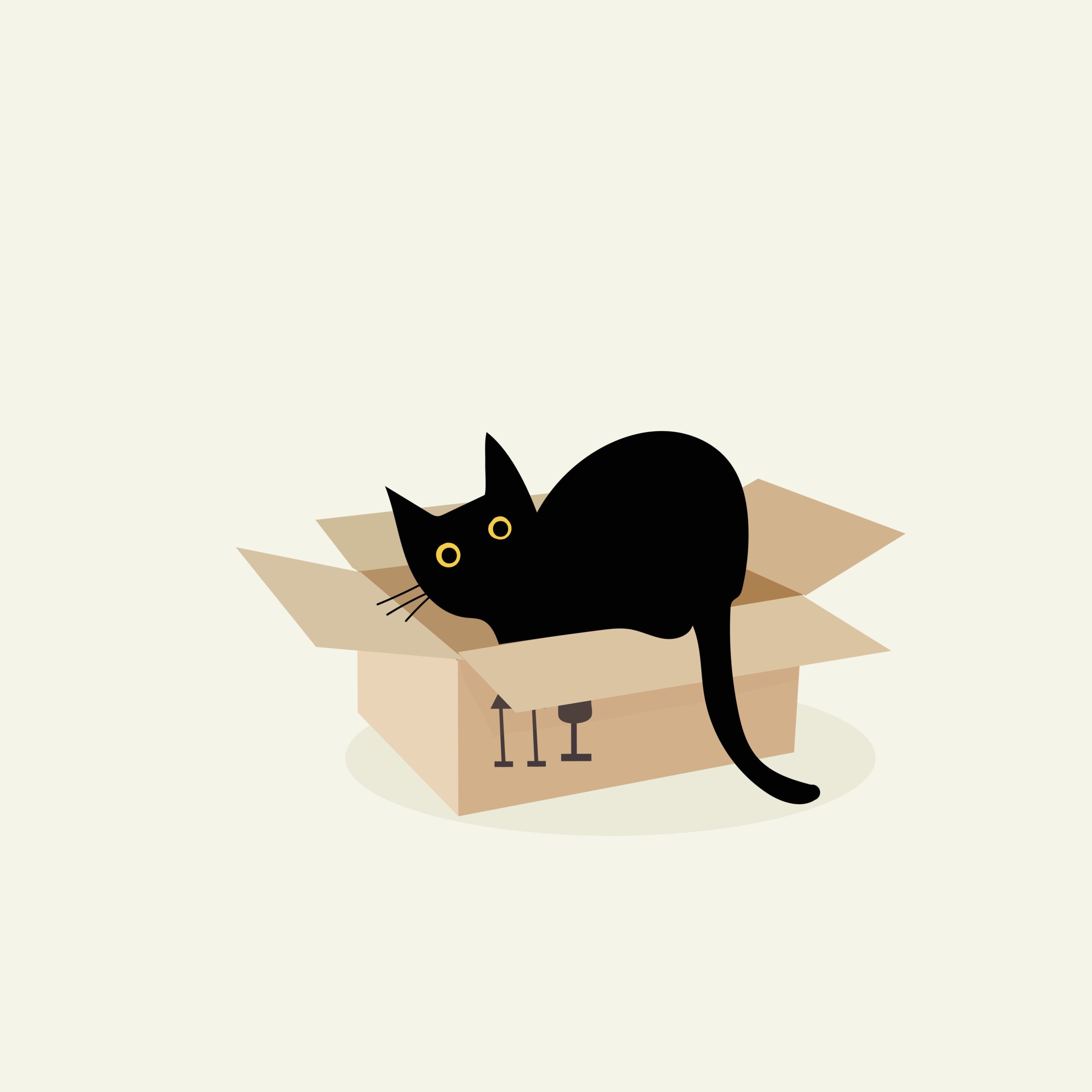 Minimalist illustration of a black cat sitting in a cardboard box — used in article on bullying and power, Dialogues by Lost and Found Psychotherapy