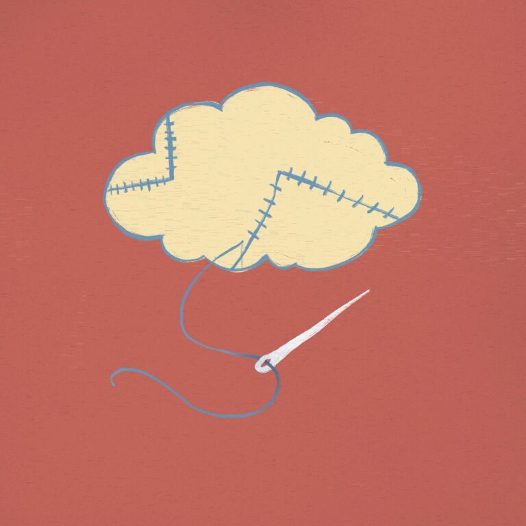 Illustration of a cloud being stitched with needle and thread on a red background, for the article on clinical supervision