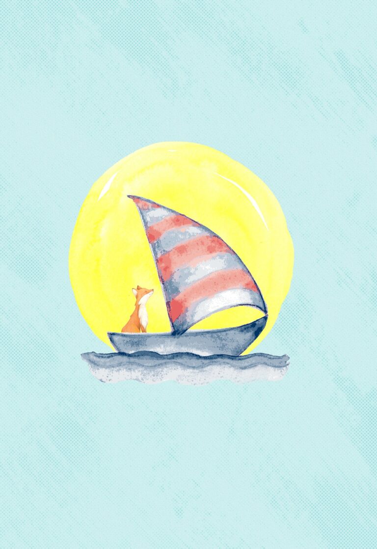 Watercolour of a small fox on a sailboat in front of a large yellow moon