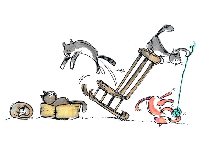 Illustration of cats chasing one another