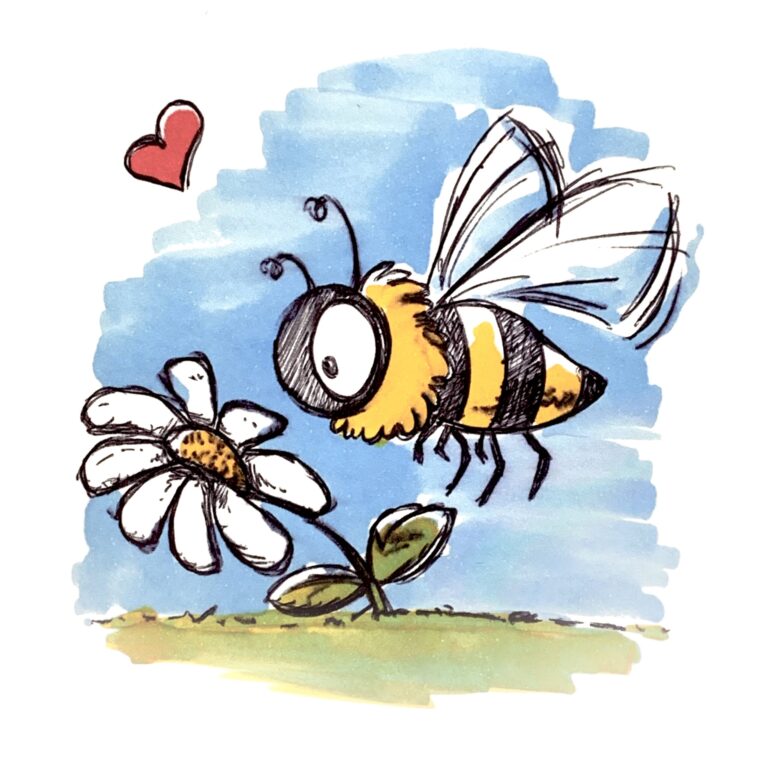Watercolour cartoon of a bee beside a daisy with a small red heart, for the article on play as the work of a child