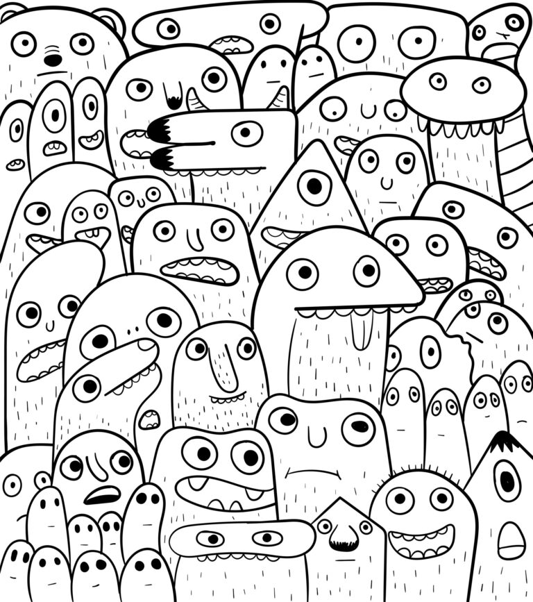 Black-and-white doodle of a crowd of small cartoon creatures packed tightly together, for the article on bullying